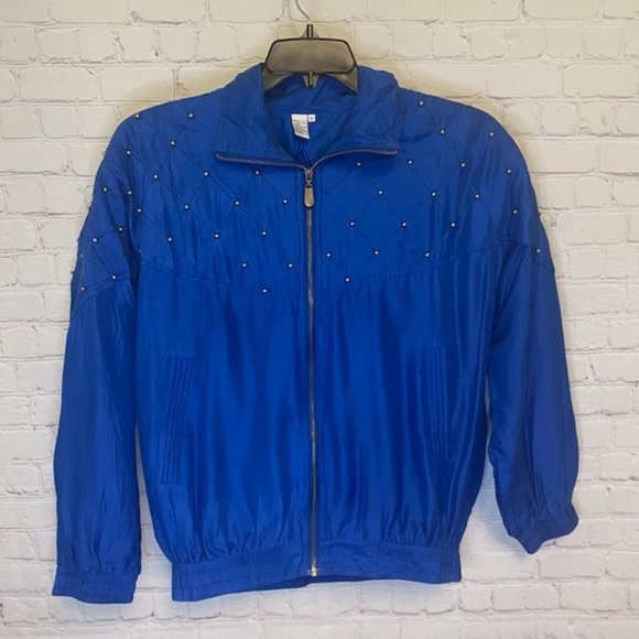 Vintage Studded Embellished royal blue Silk jacket size Large CoAco, full zip - Picture 7 of 9